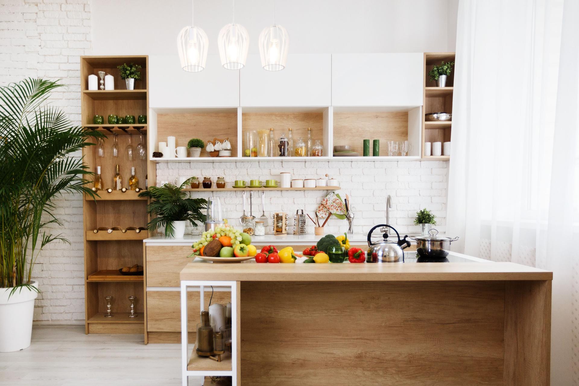 Modern Kitchen With Wooden Accents Showcasing Fresh Fruits and Vegetables on the Countertop